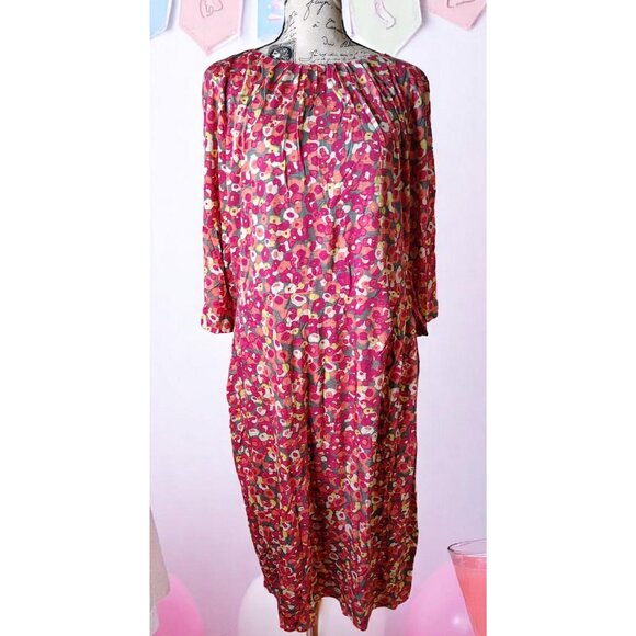 Boden 14 Large Pink Orange Gray Flower Dress Long Sleeve Rouched Neckline Modest - Picture 1 of 5